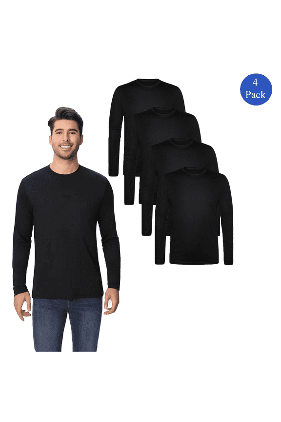 Long Sleeves Dry Fit Poly T-Shirt - Black, Men's High Performance Moisture-Wicking Shirt, 4 Pack, 3XL