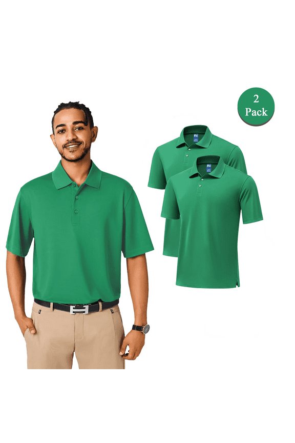 Man's Performance Pure Dry Fit Polo Shirts, Kelly Green Polyester Lightweight Polo, Pack 2, XL
