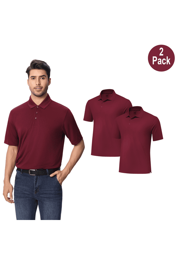 Men Dry Fit Poly Polo Shirt, High Performance Short Sleeve Classic Pique, Maroon 2 Pack, S-4XL