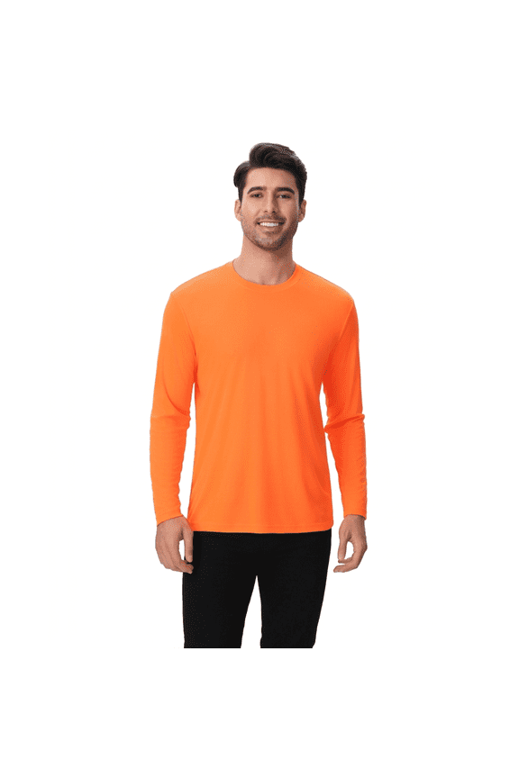 Men Dry Fit Poly T-Shirt, Long Sleeve Safety Neon Orange Performance Tee, L