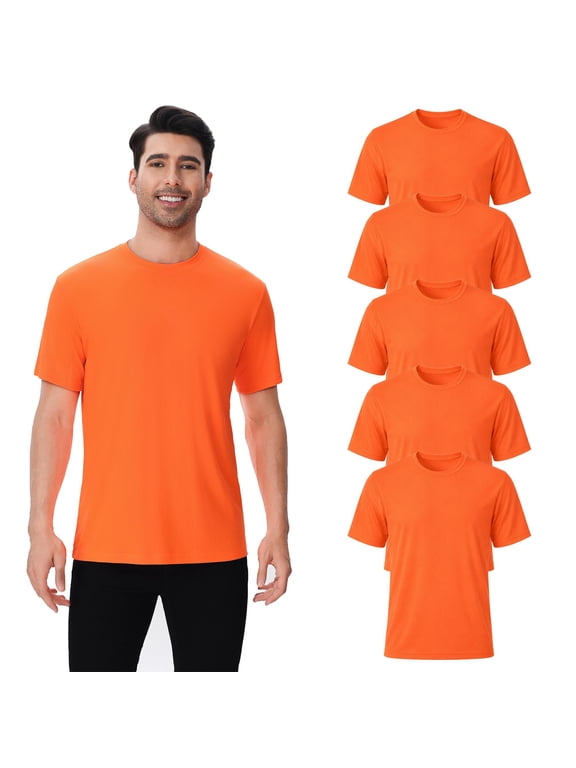Men Dry Fit Poly T-Shirt, Short Sleeve Safety Neon Orange 5 Pack Performance Tee, 2XL