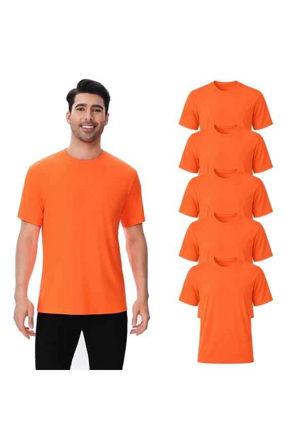 Men Dry Fit Poly T-Shirt, Short Sleeve Safety Neon Orange 5 Pack Performance Tee, 3XL
