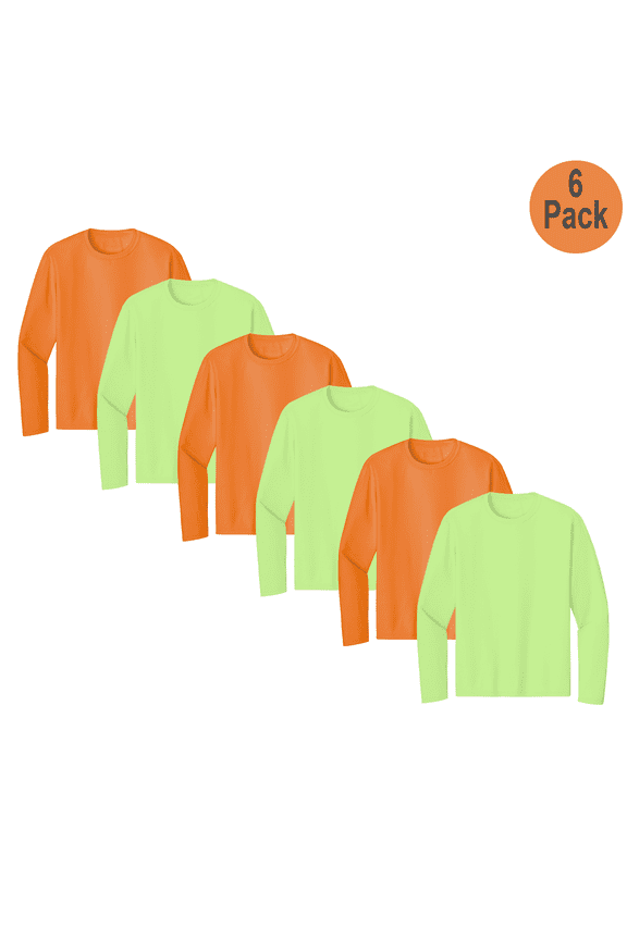 Men Hi-Vis Long Sleeve Poly Shirt, Pure Dry Fit Tee, Safety Neon Green and Orange, 6-Pack, 3XL