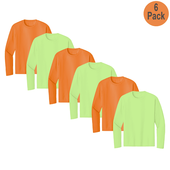 Zfeel Men Hi-Vis Long Sleeve Poly Shirt, Pure Dry Fit Tee, Safety Neon Green and Orange, 6-Pack, M