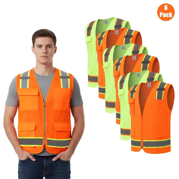 Zfeel Men Hi-Vis Reflective Safety Multi Pocket Vest, High Visibility Safety Mix Color Vest 6-Pack M