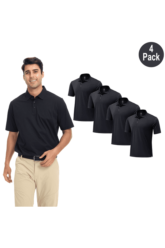 Men High Performance Polo Shirt, Pure Dry Fit Short Sleeve Polyester Pique, Black, 4 Pack, 4XL