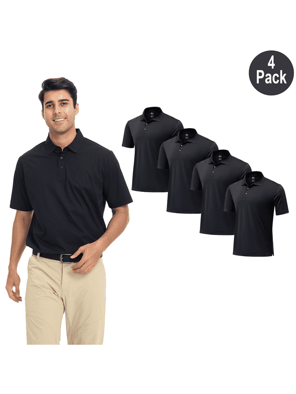 Men High Performance Polo Shirt, Pure Dry Fit Short Sleeve Polyester Pique, Black, 4 Pack, M