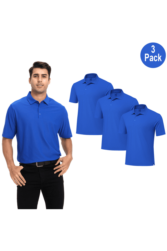 Men High Performance Poly Polo Shirt, Pure Dry Fit Polyester, Short Sleeve, Royal, 3 Pack, 3XL