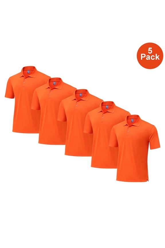 Men High Performance Poly Polo Shirt, Short Sleeve Pure Dry Fit Collar Orange Tee, 5 Pack, L