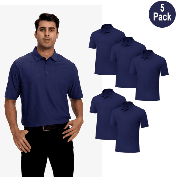 Zfeel Men High Performance Poly Polo T-Shirt, Pure Dry Fit Navy Polyester, Short Sleeve, S, 5 Pack