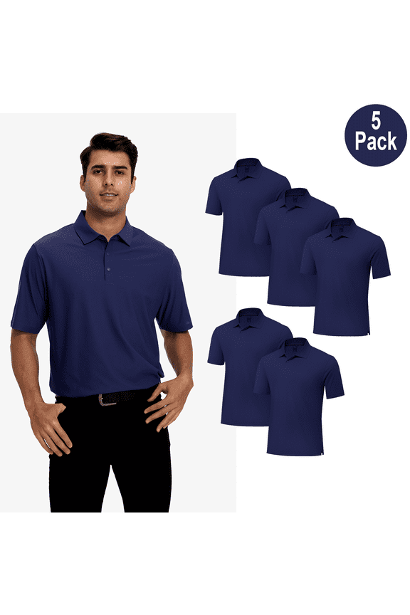 Men High Performance Poly Polo T-Shirt, Pure Dry Fit Navy Polyester, Short Sleeve, S, 5 Pack