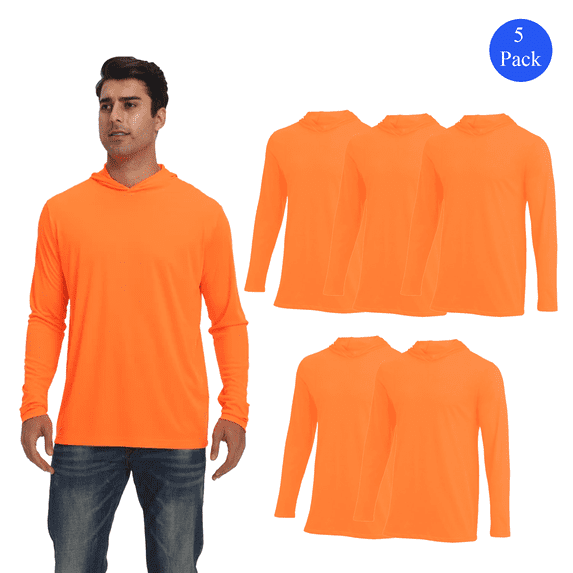 Zfeel Men Lightweight Dry Fit Hooded Pullover, Hi-Vis Safety Neon Orange Hoodie, 5-Pack, 2XL