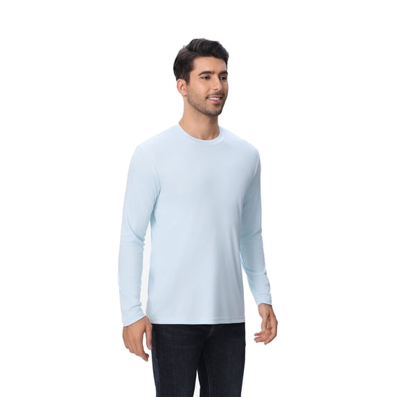 Zfeel Men Long Sleeve Poly T-Shirt, Pure Dry Fit High Performance Crewneck Tee, Light Blue, S