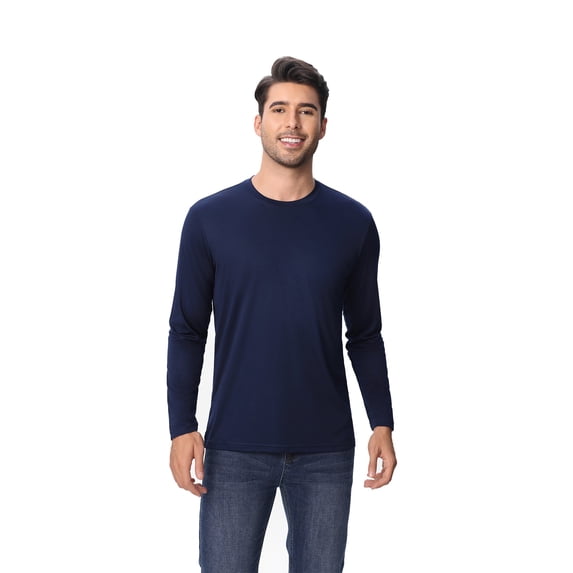 Zfeel Men Long Sleeve Poly T-Shirt, Pure Dry Fit High Performance Crewneck Tee, Navy, L