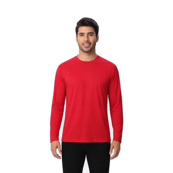Zfeel Men Long Sleeve Poly T-Shirt, Pure Dry Fit High Performance Crewneck Tee, Red, L