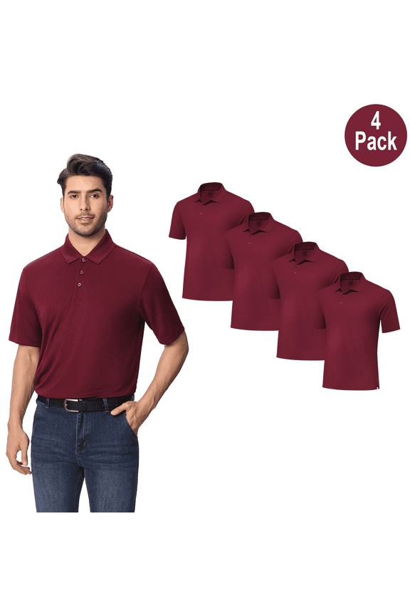 Men Pure Dry Fit High Performance Poly Polo Shirt, Short Sleeve Polyester, Maroon, 4 Pack, L