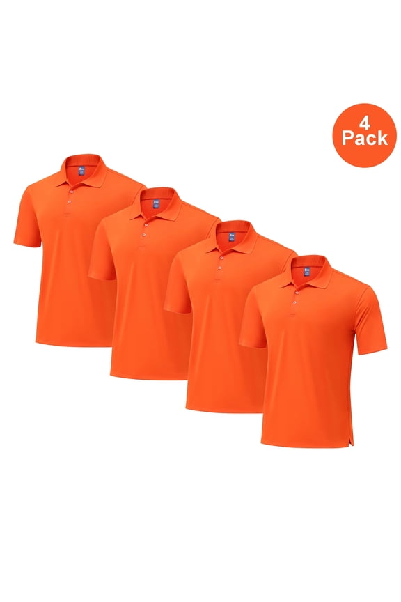 Men Pure Dry Fit Poly Polo Shirt, Short Sleeve Collared UV Protection Tee, Orange, 4 Pack, S