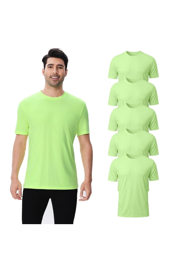 Men Short Sleeve Poly T-Shirt, Dry Fit Performance Tee Bulk, Safety Neon Green, 5 Pack, 4XL