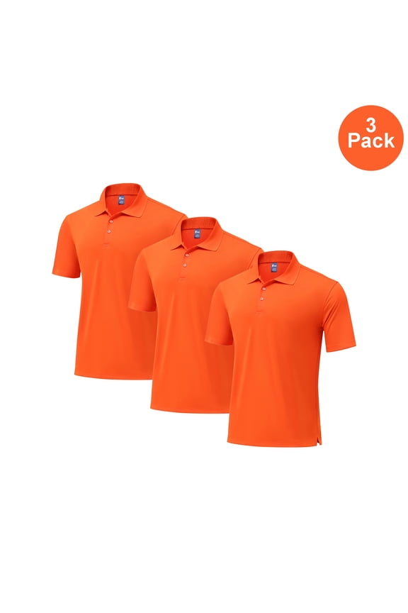 Men Short Sleeve Pure Dry Fit Poly Polo Shirt, High Performance Bulk Tee, Orange, 3 Pack, M