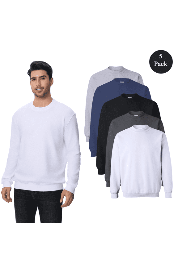 Men's Crewneck Sweatshirt, Comfortable Long Sleeve Assorted Color Pullover Fleece, 5-Pack, XL