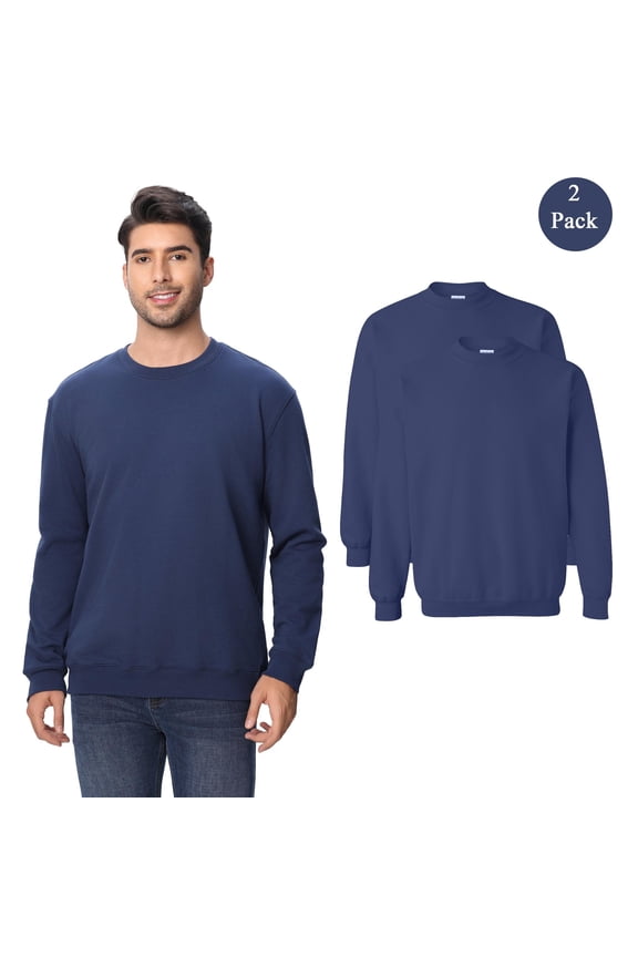 Men's Crewneck Sweatshirt, Durable Long Sleeve Navy Color Bulk Pullover Fleece, 2-Pack, 3XL