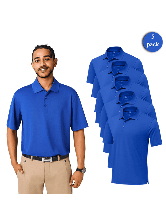 Men's Dry Fit Performance Polo Shirts, 5-Pack Royal, Full Polyester, Snag-Resistant, XL