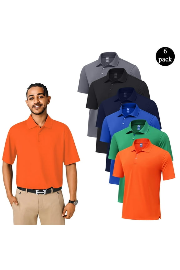 Men's Dry Fit Performance Polo Shirts, 6-Pack Athletic Tees with UV Protection, Mix Color, M