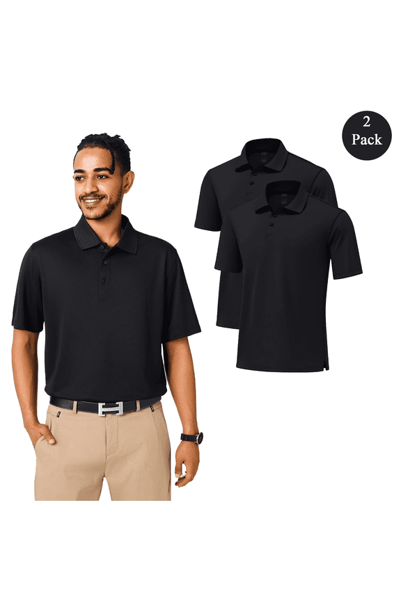 Men’s Dry Fit Performance Polo T-Shirt, Poly Moisture Wicking Casual Shirt, Black Tee 2 Pack, Size M
