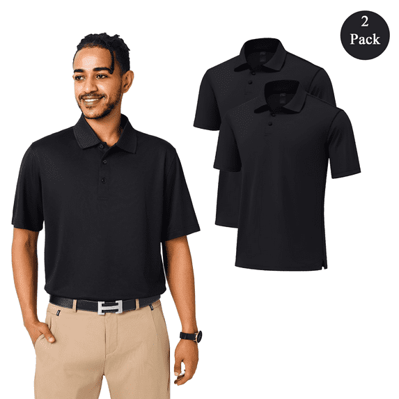 Zfeel Men’s Dry Fit Performance Polo T-Shirt, Poly Moisture Wicking Casual Shirt, Black Tee 2 Pack, Size S