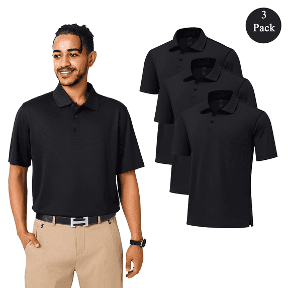 Zfeel Men’s Dry Fit Performance Polo T-Shirt, Poly Moisture Wicking Casual Shirt, Black Tee 3 Pack, Size S