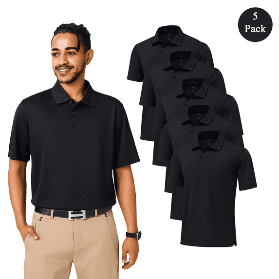 Zfeel Men’s Dry Fit Performance Polo T-Shirt, Poly Moisture Wicking Casual Shirt, Black Tee 5 Pack, Size S