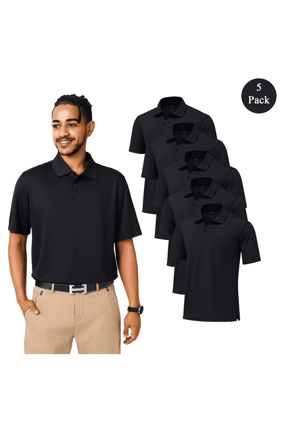 Men’s Dry Fit Performance Polo T-Shirt, Poly Moisture Wicking Casual Shirt, Black Tee 5 Pack, Size S