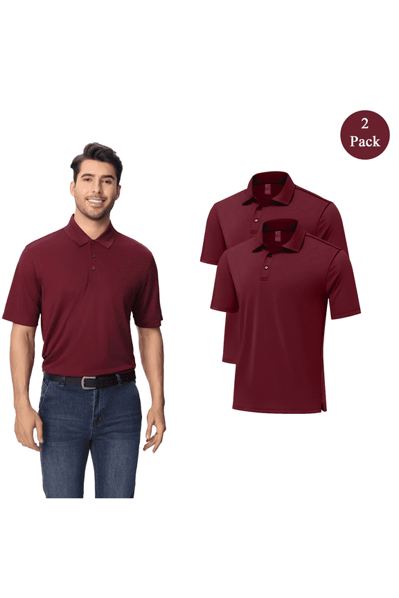 Men’s Dry Fit Performance Polo T-Shirt, Poly Moisture Wicking Casual Shirt, Maroon Tee 2 Pack, Size 4XL