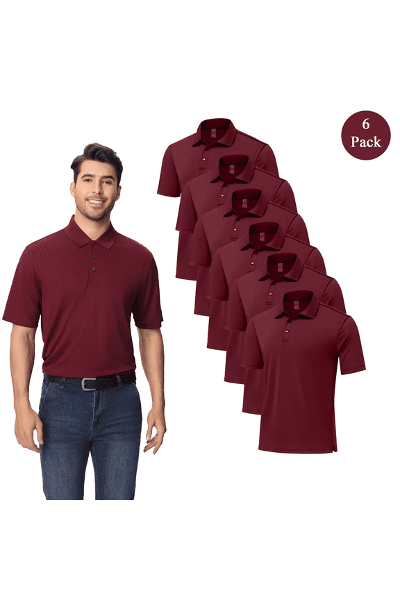 Men’s Dry Fit Performance Polo T-Shirt, Poly Moisture Wicking Casual Shirt, Maroon Tee 6 Pack, Size L