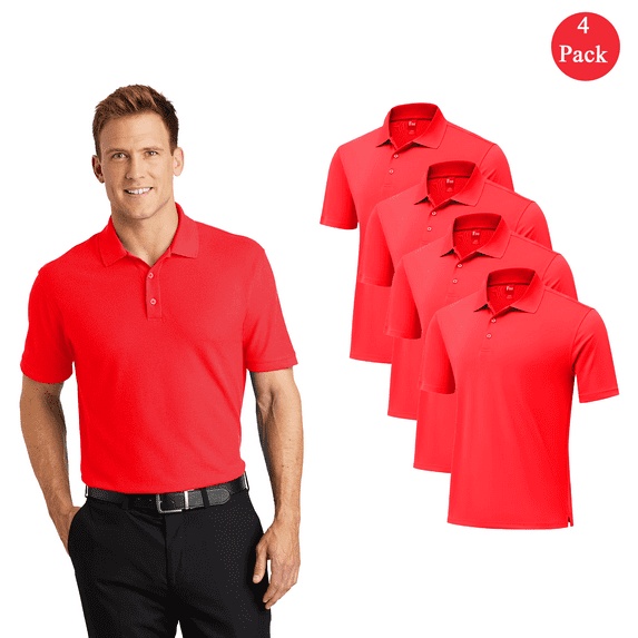 Zfeel Men’s Dry Fit Performance Polo T-Shirt, Poly Moisture Wicking Casual Shirt, Red Tee 4 Pack, Size S