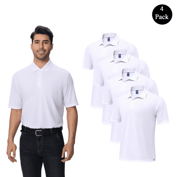 Zfeel Men’s Dry Fit Performance Polo T-Shirt, Poly Moisture Wicking Casual Shirt, White Tee 4 Pack, Size S