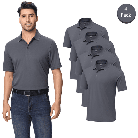 Zfeel Men’s Dry Fit Performance Polo T-Shirt, Poly Moisture Wicking Casual Shirt, lron Grey Tee 4 Pack, Size S
