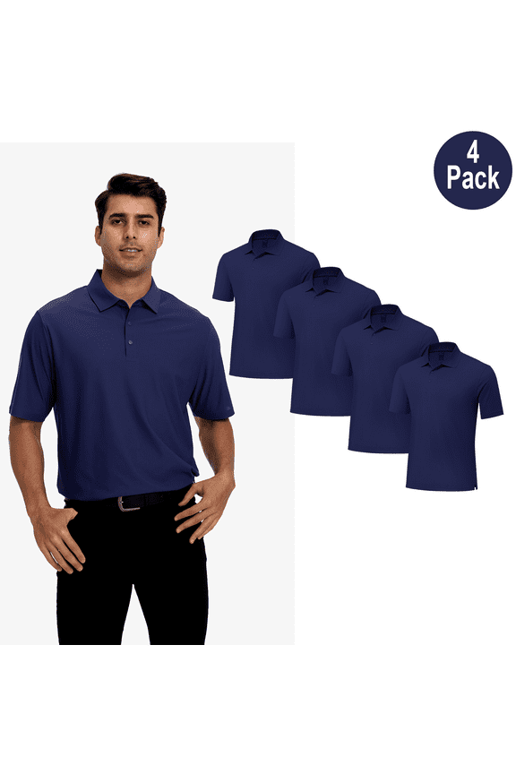 Men's Dry Fit Pique Poly Polo Shirt, High Performance Collared Short Sleeve, Navy, 4 Pack, L
