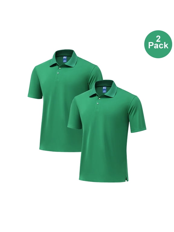 Men’s Dry Fit Polo Shirt, Short Sleeve High Performance Durable Tee, Kelly Green, L, 2 Pack