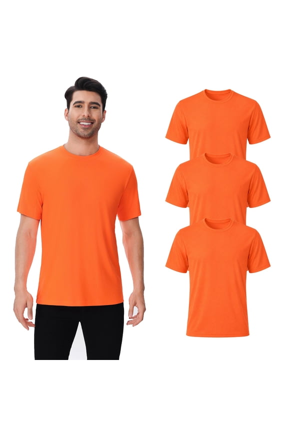 Men's Dry Fit Poly T-Shirt, Short Sleeve Safety Neon Orange Performance Tee, 3 Pack, L