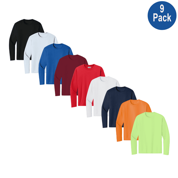 Zfeel Men's Hi-Vis Pure Dry Fit Poly T-Shirt, Long Sleeve Crew Neck Tee, Assorted Color, 9 Pack, M
