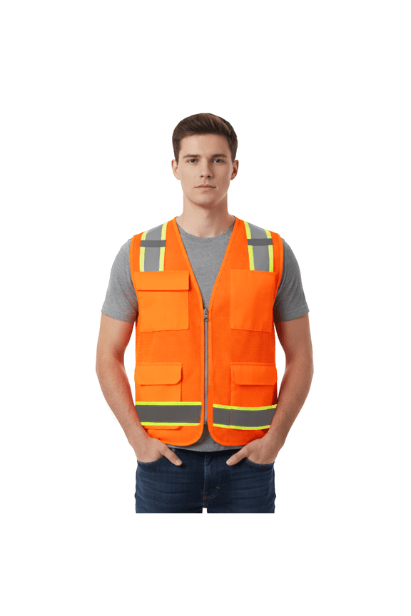 Men's Hi-Vis Reflective Pocket Vest, Durable Safety Neon Orange Work Comfort Vest, Size S