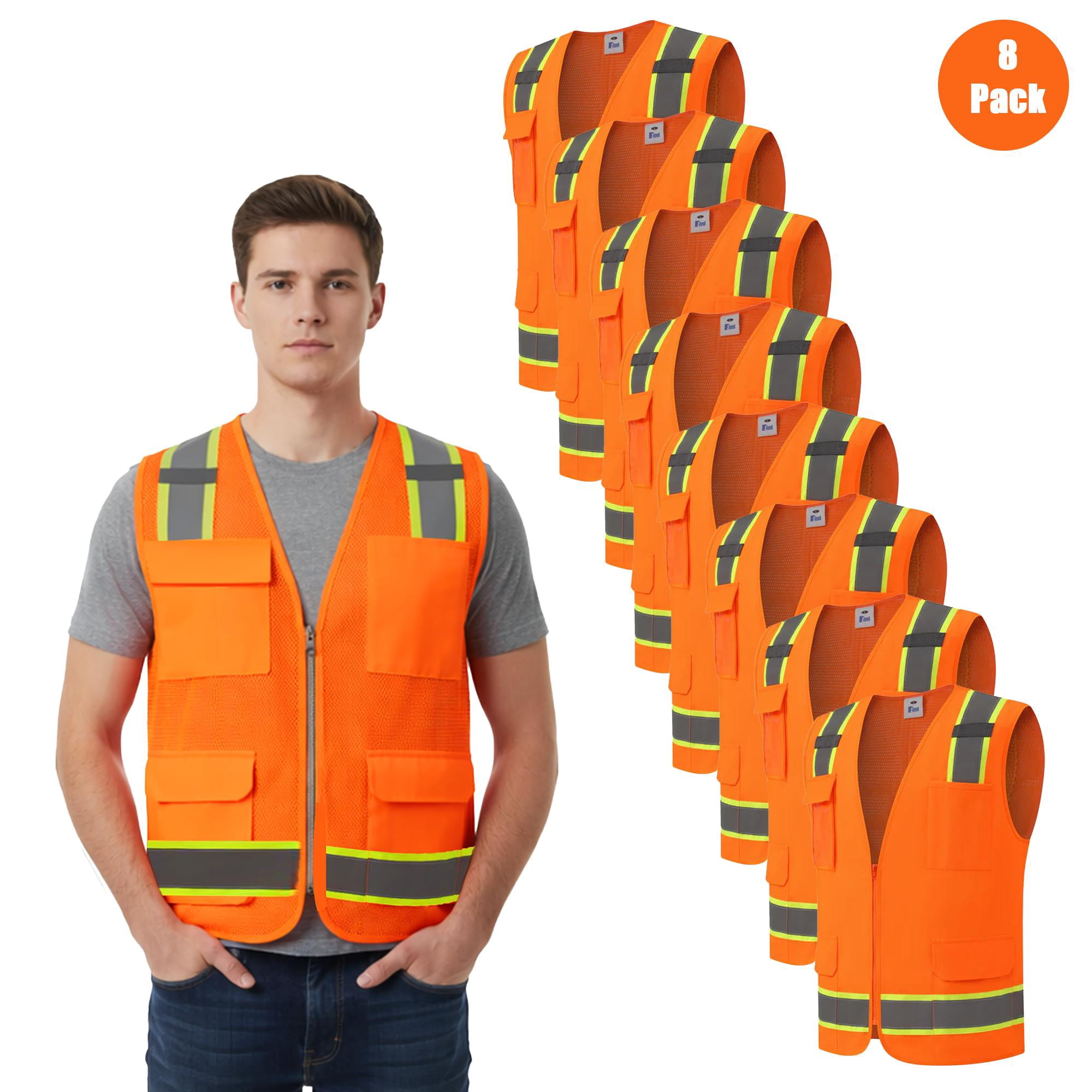 Zfeel Men's Hi-Vis Reflective Safety Multi-Pocket Vest, Safety Neon Orange Zip Front Mesh, 8-Pack, L