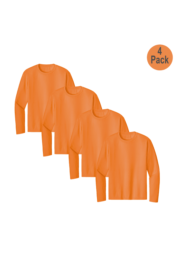 Men's Hi Visibility Tee Pure Dry Fit Poly Long Sleeve T-Shirt, Safety Neon Orange, 4 Pack, S