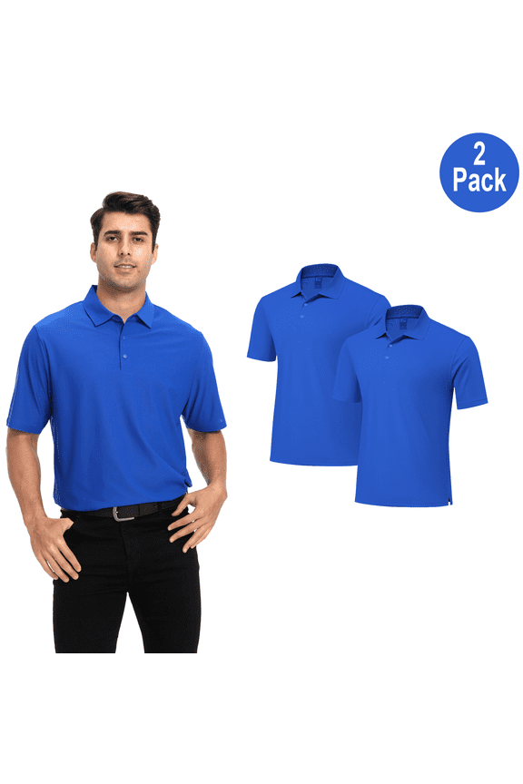 Men's High Performance Poly Polo Shirt, Short Sleeve Collared Pure Dry Fit , Royal, XL, 2 Pack