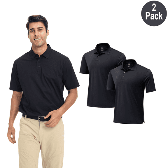 Zfeel Men's High Performance Pure Dri Fit Polo Shirt, Short Sleeve, Polyester, Black, L, 2 Pack