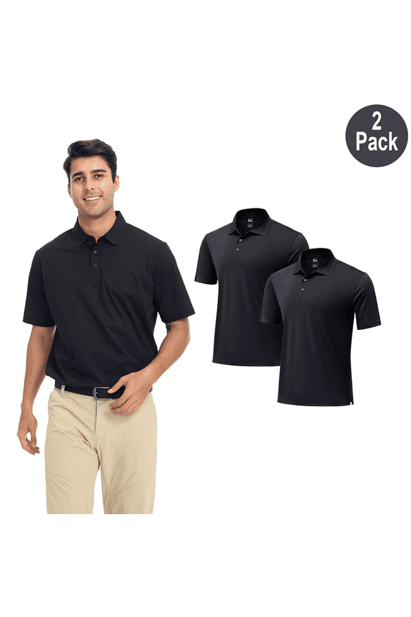 Men's High Performance Pure Dri Fit Polo Shirt, Short Sleeve, Polyester, Black, L, 2 Pack