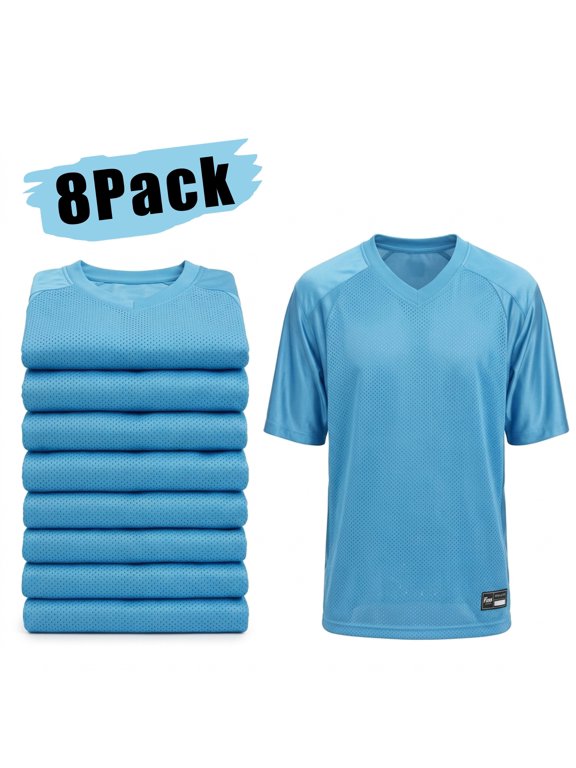 Men's High Performance Pure Dry Fit Football Jersey, Practice Tee, Columbia Blue, 8 Pack, 5XL