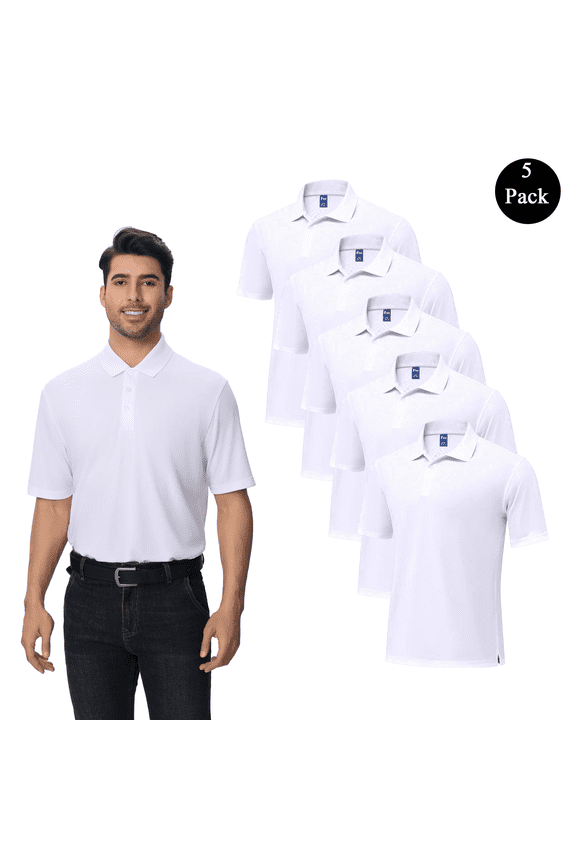 Men's High Performance Pure Dry Fit Poly Polo, Moisture-Wicking White Color Shirt, 5-Pack, M