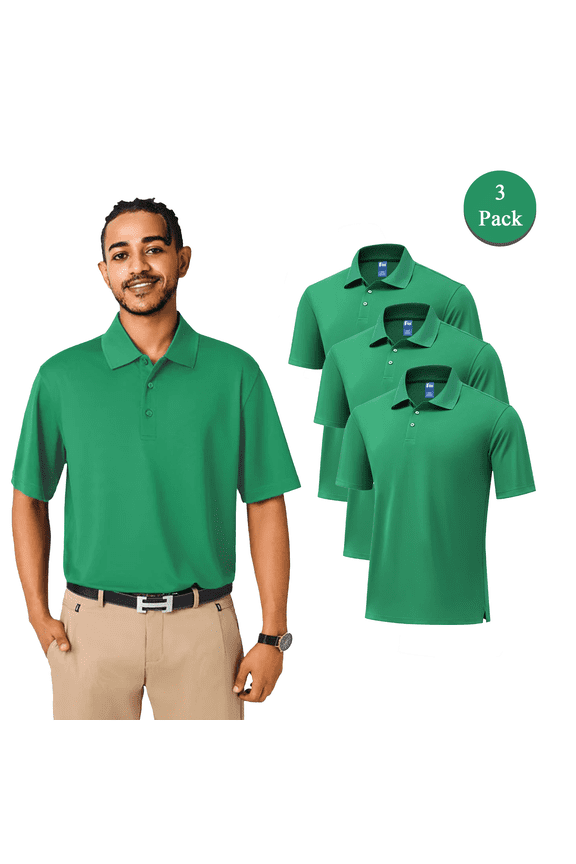 Men's High Performance Pure Dry Polo Shirts, Kelly Green Short Sleeve T-Shirt 3 Pack Tee, S